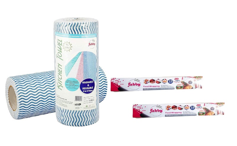 Fabby NonWoven fabric Kitchen Towel Roll 9 x 8 Inches 60pcsPackage With BioDegradable Food Wrapping Paper 10mtr 20 extra Pack of 2 - Image 1