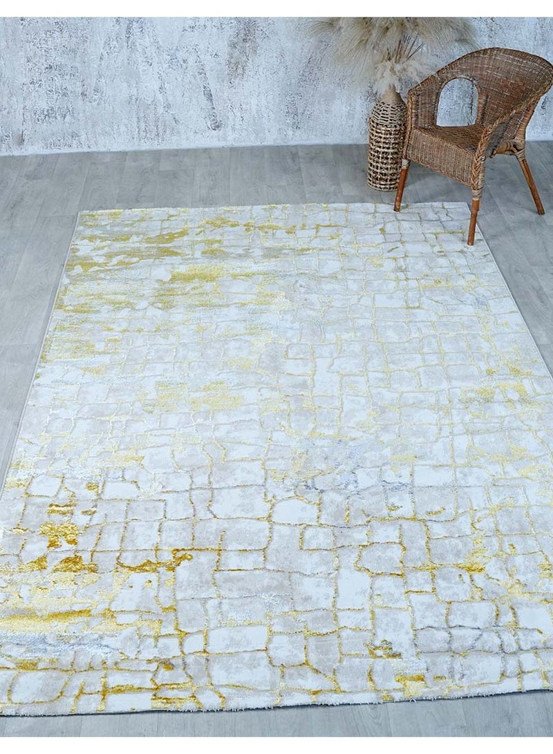 Ramsha Washable Area Rug Large 200x300 cm Carpet For Bedroom Rug For Living Room NK81A Polyester yellow And Cream Abstract Pattern Carpet - Image 3