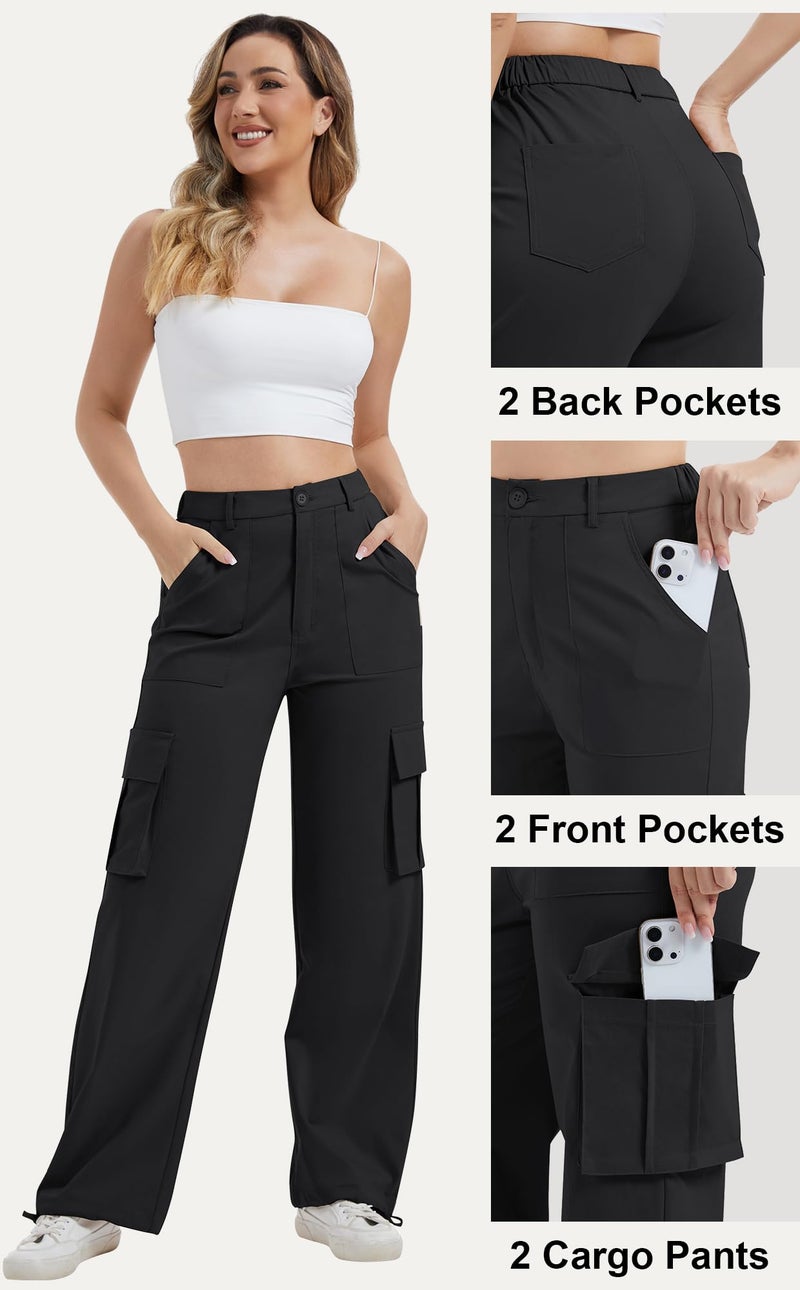 AVAMO Cargo Pants for Women with Pockets High Waist Lightweight Stretchy Hiking Casual Streetwear Baggy Wide Leg Pants Black XL - Image 4