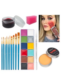 VERONNI VERONNI 6PCS SFX Makeup Kit 12 Colors Face Body Paint Oil, Halloween Cosplay with Special Effects Wound Scar Wax, Fake Scab Blood, Spatula, 10 Brushes, 1 Stipple Sponge(1) 