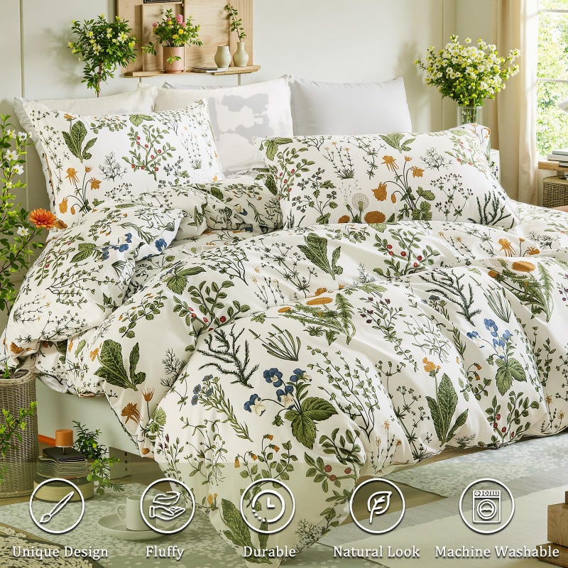 Cozaline Duvet Cover Queen Size - 100% Cotton Reversible Floral Queen Duvet Cover Set with Zipper Closure, 3 Pieces Soft & Breathable Green Bedding Set for All Seasons - Image 2