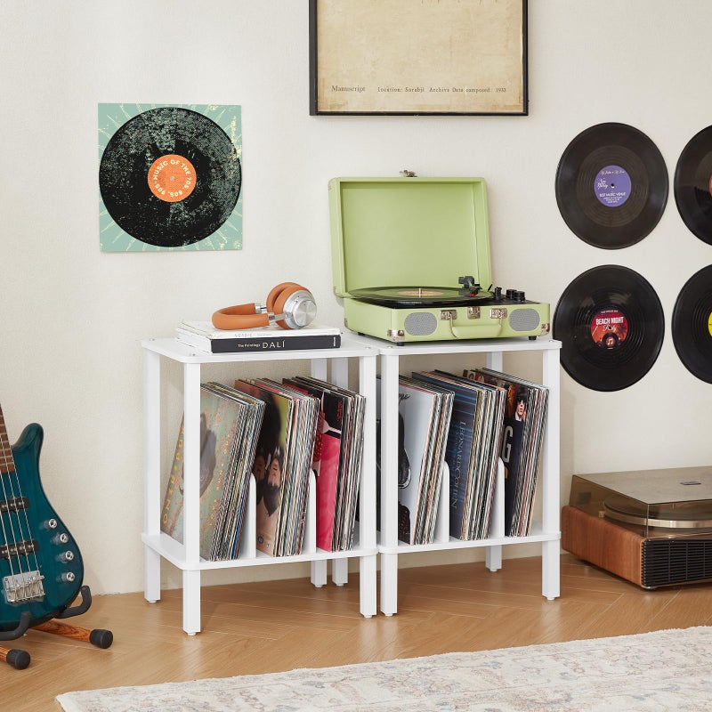 LELELINKY 2-Tier Record Player Stand with Vinyl Record Storage up to 100 Albums, Bedroom Record Holder and Multi-Functional End Table for Living Room, White - Image 2