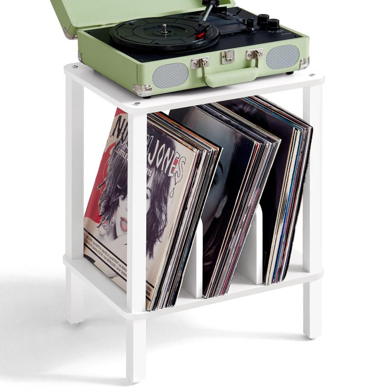 LELELINKY 2-Tier Record Player Stand with Vinyl Record Storage up to 100 Albums, Bedroom Record Holder and Multi-Functional End Table for Living Room, White - Image 1