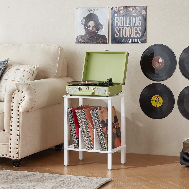 LELELINKY 2-Tier Record Player Stand with Vinyl Record Storage up to 100 Albums, Bedroom Record Holder and Multi-Functional End Table for Living Room, White - Image 5