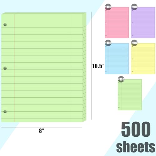 Koogel 5-Color Loose Leaf Paper, 500 Sheets Wide Ruled, 8 x 10.5 Inch, 3-Hole Punched for 3-Ring Binders, Perfect Notebook Paper Filler for Note-Taking, Ideal for School Student & Office Supplies - Image 5