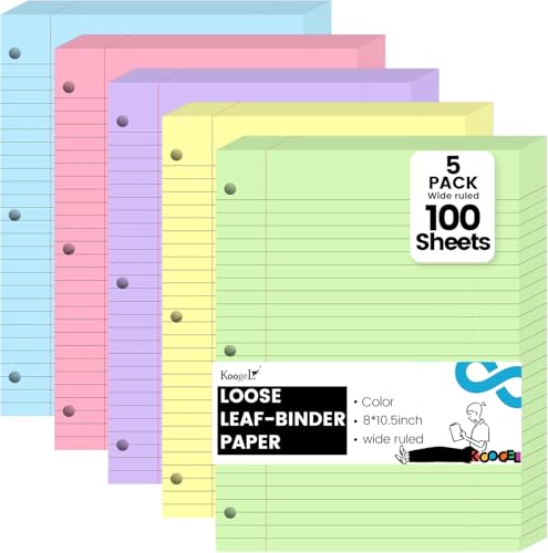 Koogel 5-Color Loose Leaf Paper, 500 Sheets Wide Ruled, 8 x 10.5 Inch, 3-Hole Punched for 3-Ring Binders, Perfect Notebook Paper Filler for Note-Taking, Ideal for School Student & Office Supplies - Image 1
