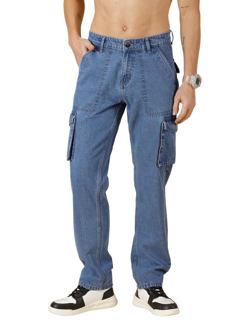 Thomas Scott Men Comfort Relaxed Fit Clean Look Light Fade Pure Cotton Cargo Jeans - Image 1