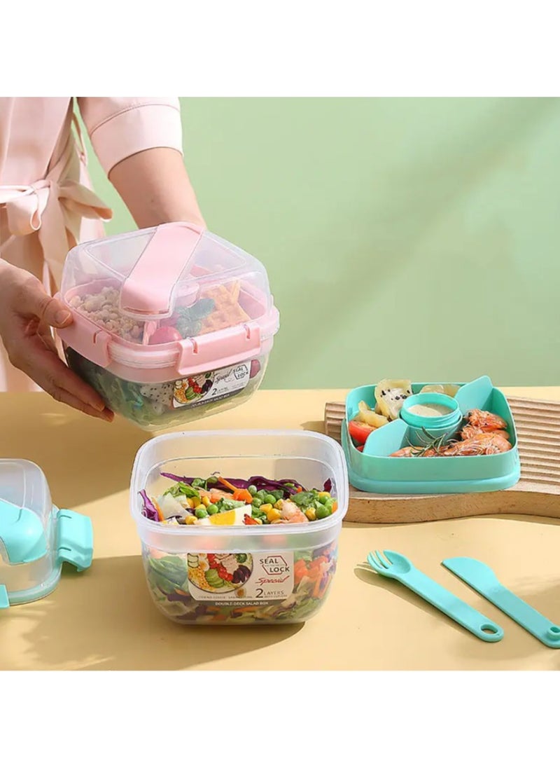 Generic Salad Lunch Container, 2000ml Salad Bowls with 3 Compartments, Salad Dressings Container for Salad Toppings, Snacks, Double-Layer Picnic Box, Men, Women, and children  - Image 4