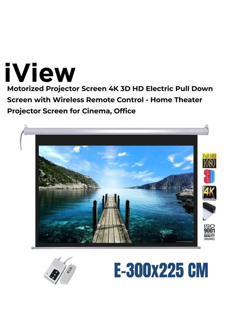 شاشة عرض iView بمحرك 300×225 سم (150 بوصة) - محرك متزامن صامت، جهاز تحكم عن بعد بتردد لاسلكي + مفتاح حائط، لون أبيض غير لامع، مكسب 1.1، غطاء أسود من أربعة جوانب، تركيب في السقف/الحائط - نسبة العرض إلى الارتفاع 4:3