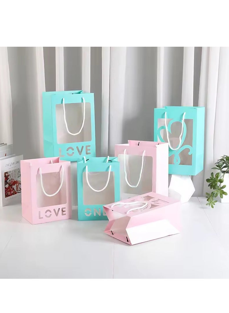 Valentine's Day Luxury Gift Paper Bag With Clear Transparent Window Only &Love &Heart 3 Designs Flowers Gift Bags 6 Pieces Tiffany Blue - Image 2
