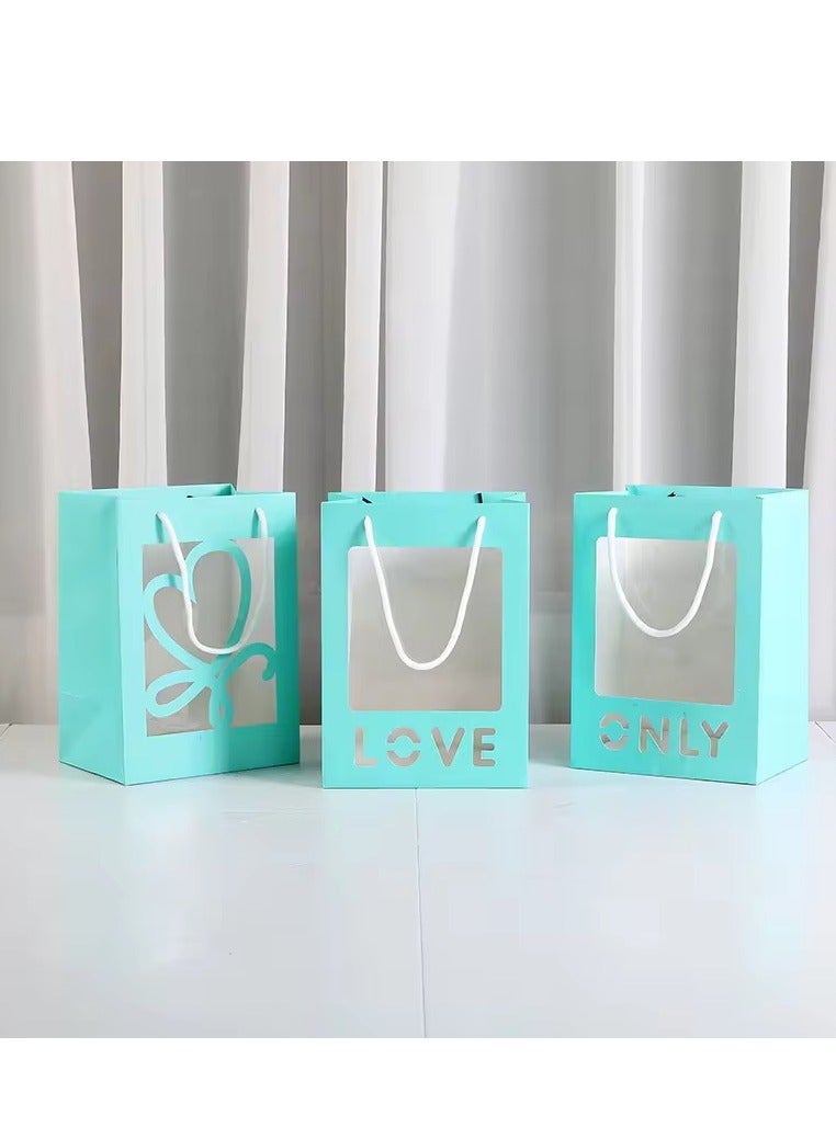 Valentine's Day Luxury Gift Paper Bag With Clear Transparent Window Only &Love &Heart 3 Designs Flowers Gift Bags 6 Pieces Tiffany Blue - Image 1