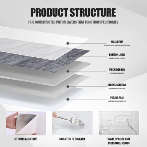 Chejiaye 10pcs Marble Peel and Stick Backsplash Waterproof Washroom Wall Panels, Peel and Stick Tile, PVC Wall Panels for Kitchen (Grey Marble Tiles, 11.8" x 11.8" x2.5MM x 10Pack) - Image 5