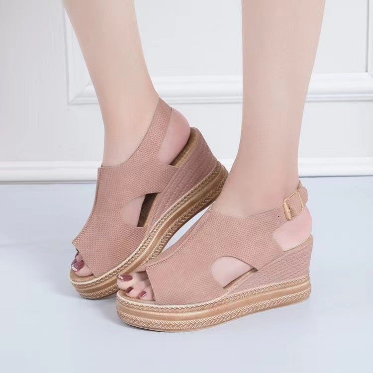 Summer Open-Toe Buckle Roman High Heels Pink - Image 1
