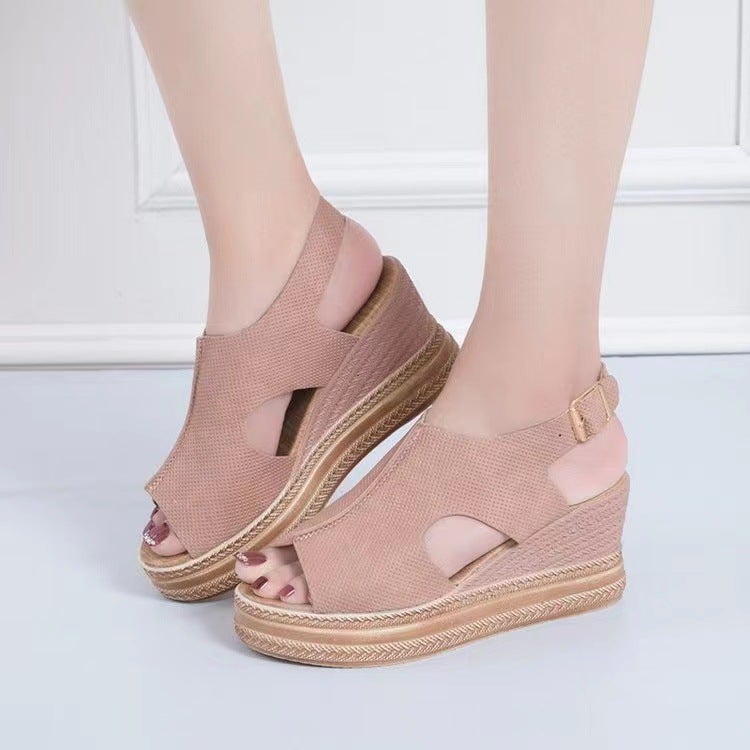 Summer Open-Toe Buckle Roman High Heels Pink - Image 3