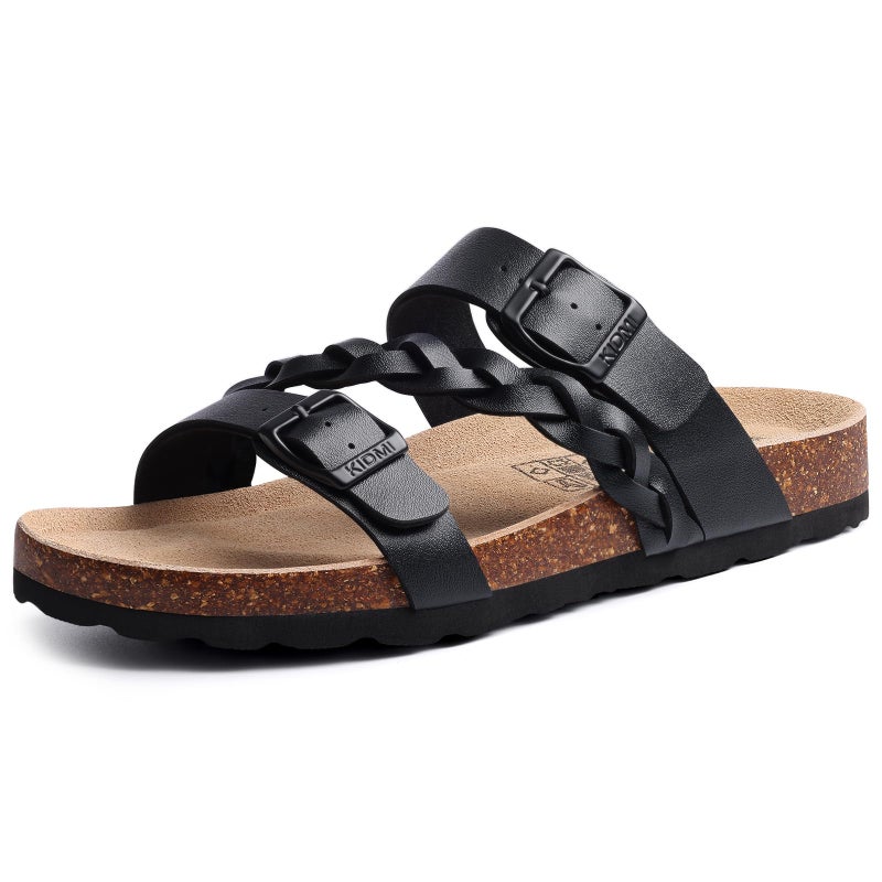 KIDMI Women's Cork Footbed Sandals with Arch Support Comfortable Slip-On Slide Sandals With Adjustable Buckle for Summer, Black 40 - Image 1