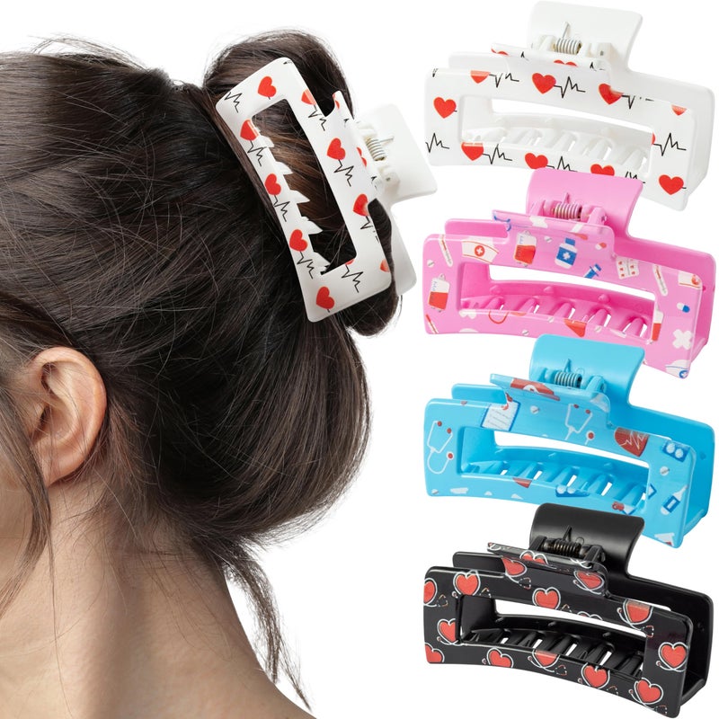 PANTIDE 4Pcs Nurse Hair Claw Clips for Women Girls - Cute Medical Heart Rectangle Nonslip Banana Hair Clips, Thin Thick Short Long Curly Accessories, Nurses Day Gift for Nursing Student Doctors - Image 1