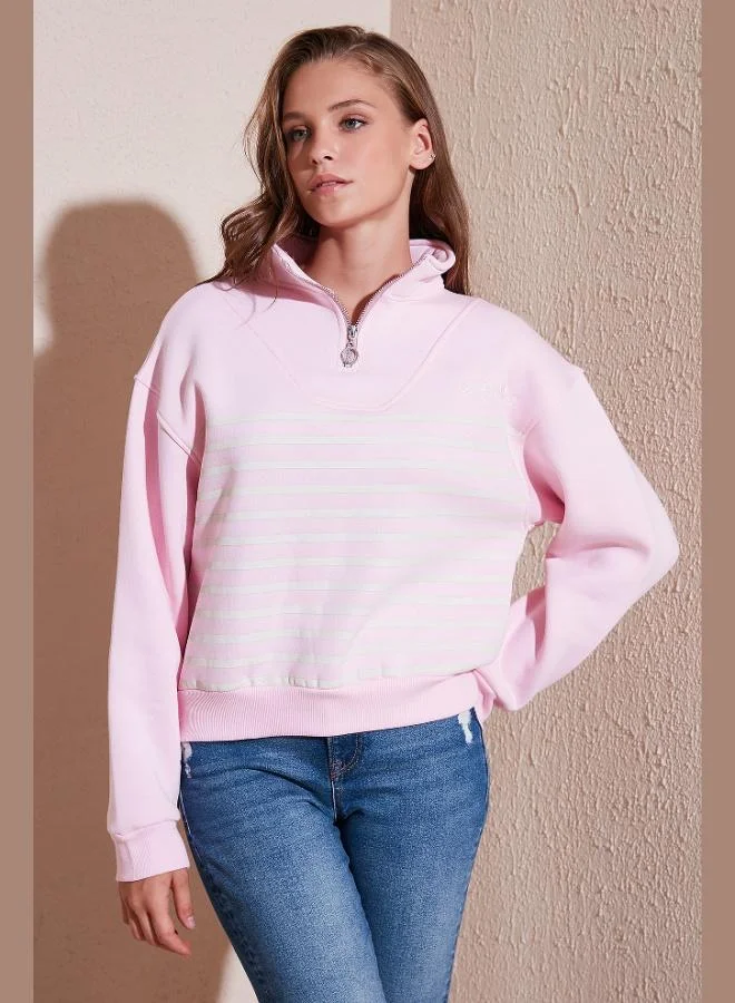 Lela Lela Stretch Oversize Fit Half Zipper Stand Collar Sweat Women's SWEAT 5865883