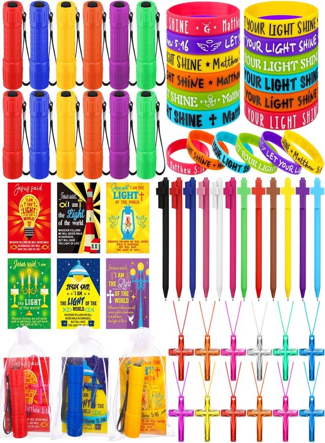 Shinymoon 84 Pcs Vacation Bible School Gifts Christian Jesus is The Light Gift Mini Flashlight Rubber Wristbands Crystal Cross Necklace Cross Pen Set for Easter Bible Verse Church Gifts Rewards - Image 1