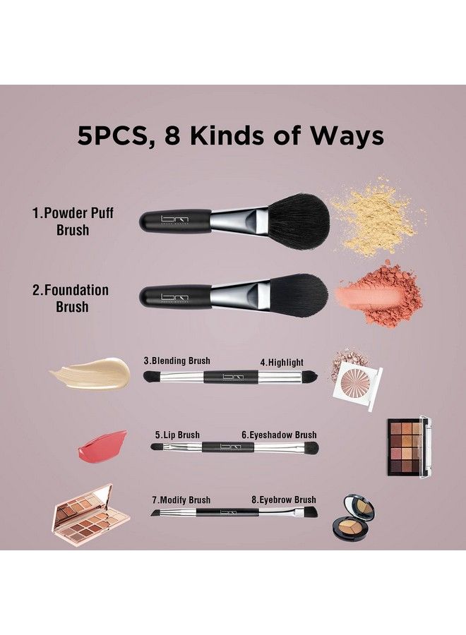 Brush Master Travel Makeup Brushes Set W/Pouch 5Pcs Double Ended Portable Mini Cosmetic Brushes Kit For Foundation Eyeshadow Lip Blush Make Up Brushes Professional - Image 3