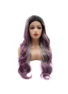 Meiyite Hair Wavy Long 24inch Dark Root Gray Purple Ombre Wig Heavy Density Realistic Synthetic Lace Front Wig