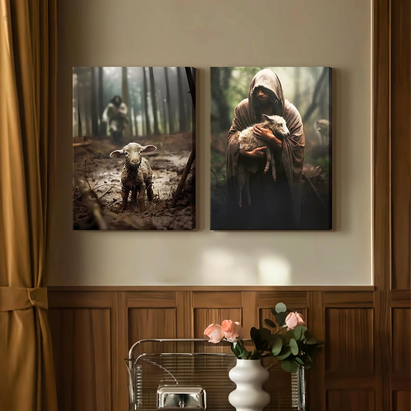 2Pcs Framed Jesus and Lamb Canvas Wall Art Jesus Save Lost Lamb Posters Prints Vintage Christian Pictures Wall Decor For Bedroom Modern Jesus Paintings Decorative Art(Jesus  12x16in Framed)  - Image 2