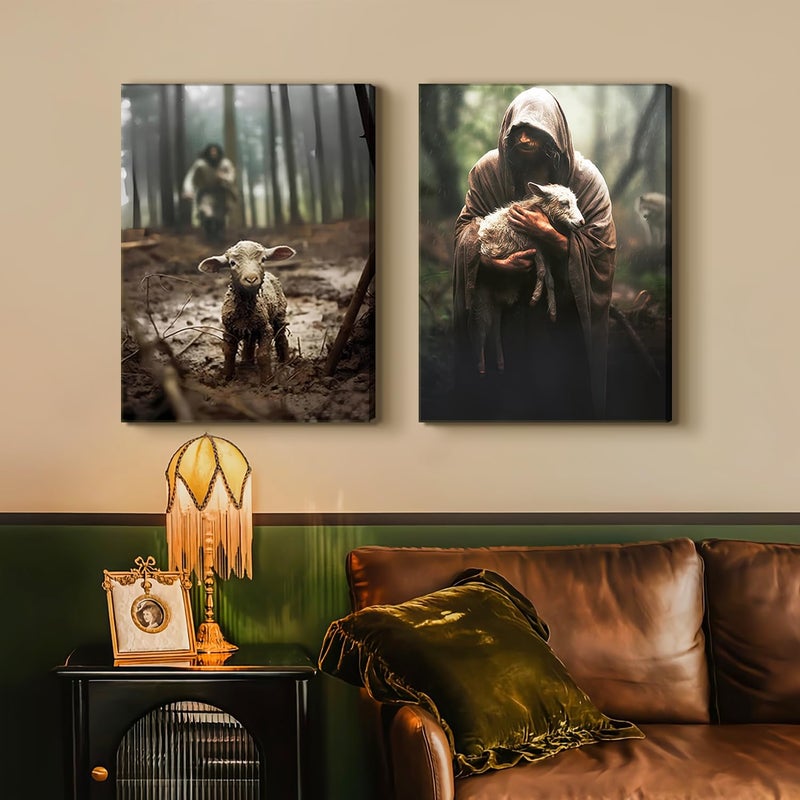 2Pcs Framed Jesus and Lamb Canvas Wall Art Jesus Save Lost Lamb Posters Prints Vintage Christian Pictures Wall Decor For Bedroom Modern Jesus Paintings Decorative Art(Jesus  12x16in Framed)  - Image 3