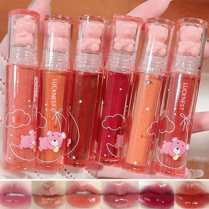 LuckNest 6Pcs Bear Lip Glaze Jelly Lipstick, Liquid Lipstick Cute Bear Lipgloss Moisturizing Lip Stain Plumping Water Lip Gloss Waterproof Long Lasting Cheek Rouge Tint Cosmetics Beauty Makeup - Image 1