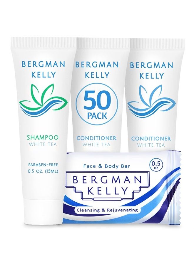 BERGMAN KELLY Rectangular Hotel Soap Bars, Shampoo & Conditioner 3-Piece Set (0.5 oz each, 150 pc, White Tea), Delight Guests w/Revitalizing & Refreshing Mini Travel Toiletries & Bulk Amenities - Image 1