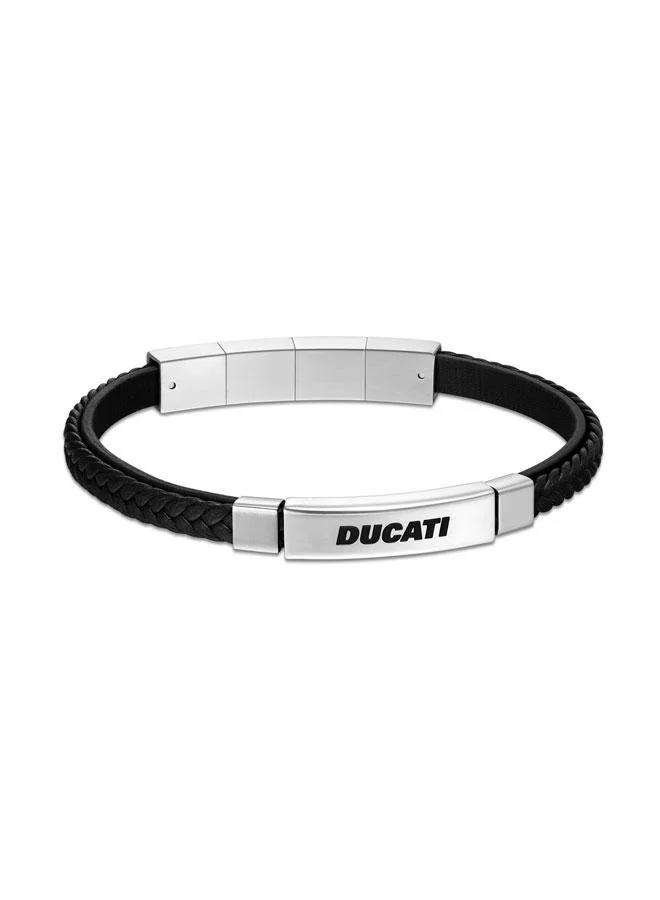 Ducati Voyage Silver Stainless Steel Black Double Layered Leather Bracelet for Men 180mm