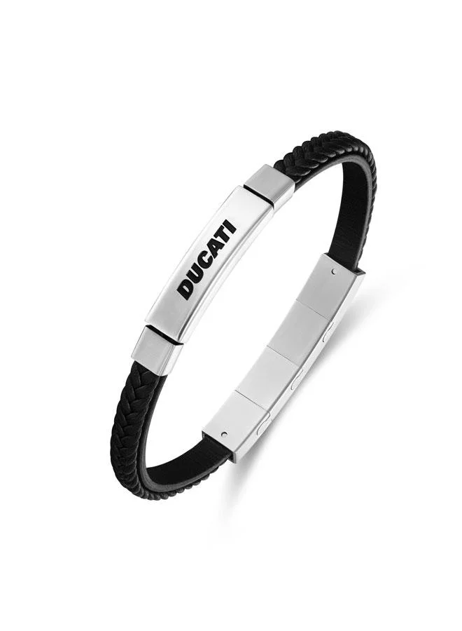 Ducati Voyage Silver Stainless Steel Black Double Layered Leather Bracelet for Men 180mm