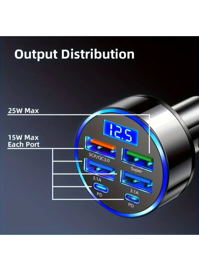 1pcs-6 Port Ultra High Speed Car Charger - Dual PD Port, LED Voltage Monitor, 4 USB and 2 Type-C Multi Port Adapter, Suitable for Fast Charging on the Road, Suitable for iPhone 15、15 Pro Max、Galaxy S24 Ultra、iPad、MacBook、 Huawei and other fast charging mobile phone charger adapters  - Image 4