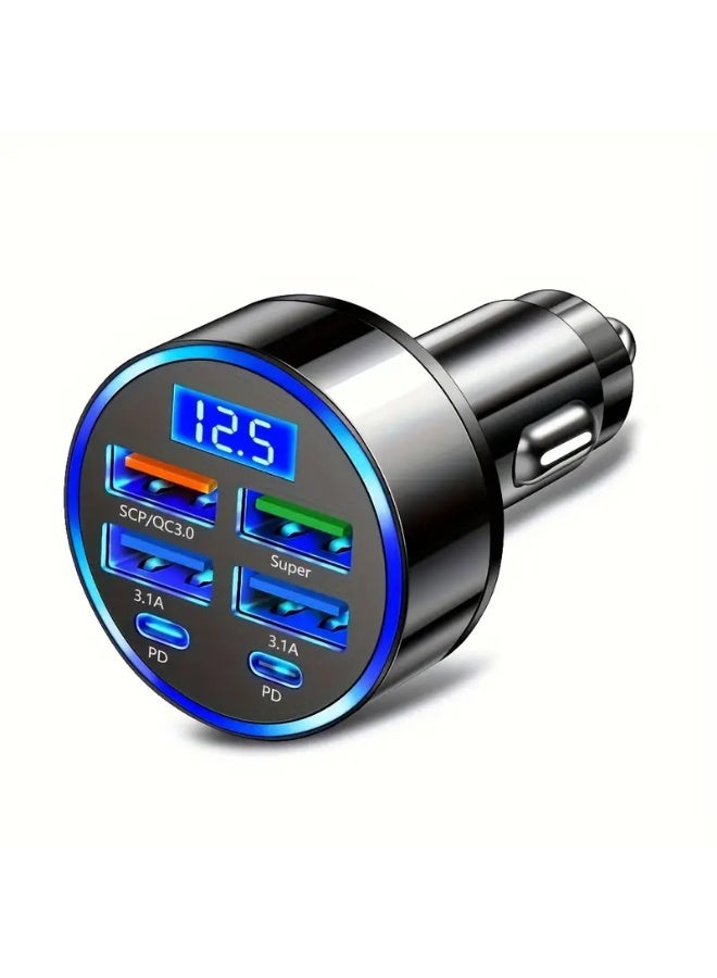 1pcs-6 Port Ultra High Speed Car Charger - Dual PD Port, LED Voltage Monitor, 4 USB and 2 Type-C Multi Port Adapter, Suitable for Fast Charging on the Road, Suitable for iPhone 15、15 Pro Max、Galaxy S24 Ultra、iPad、MacBook、 Huawei and other fast charging mobile phone charger adapters  - Image 1