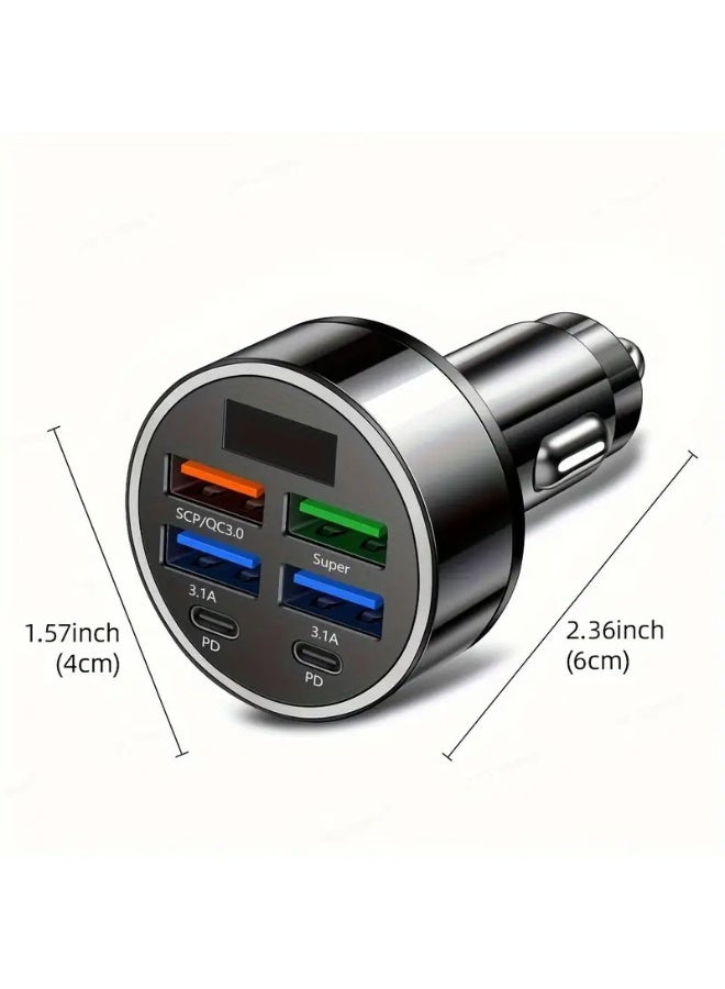 1pcs-6 Port Ultra High Speed Car Charger - Dual PD Port, LED Voltage Monitor, 4 USB and 2 Type-C Multi Port Adapter, Suitable for Fast Charging on the Road, Suitable for iPhone 15、15 Pro Max、Galaxy S24 Ultra、iPad、MacBook、 Huawei and other fast charging mobile phone charger adapters  - Image 2