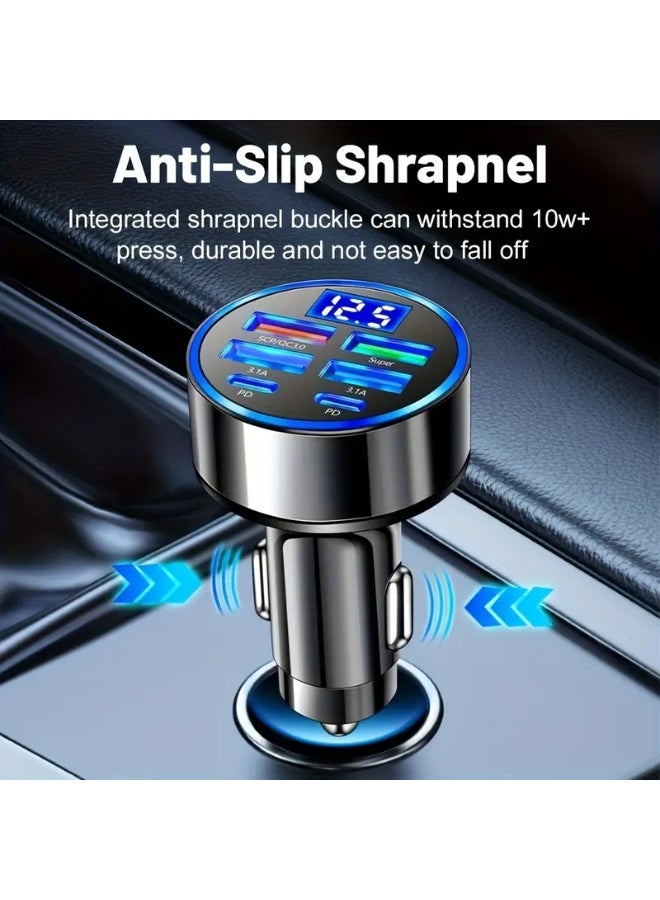 1pcs-6 Port Ultra High Speed Car Charger - Dual PD Port, LED Voltage Monitor, 4 USB and 2 Type-C Multi Port Adapter, Suitable for Fast Charging on the Road, Suitable for iPhone 15、15 Pro Max、Galaxy S24 Ultra、iPad、MacBook、 Huawei and other fast charging mobile phone charger adapters  - Image 3