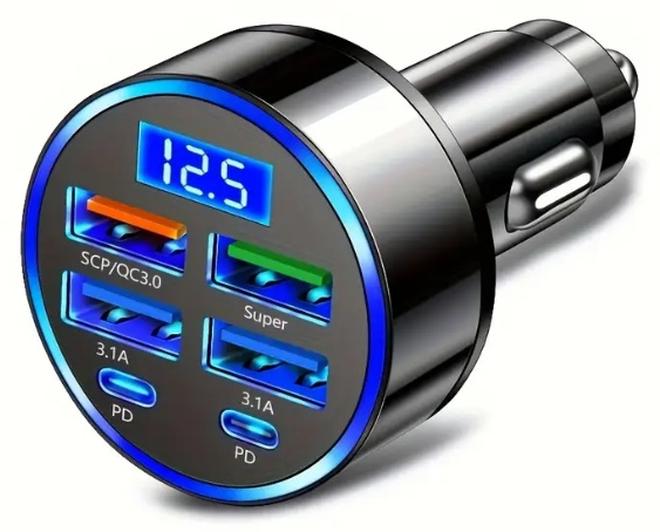 6 Port Ultra High Speed Car Charger - Dual Pd Port, LED Voltage Monitor, 4 USB and 2 Type-C Multi Port Adapter, Suitable for Fast Charging on the Road, Suitable for iPhone 15、15 Pro Max、galaxy S24 Ultra、iPad、macbook、 Huawei and Other Fast Charging Mobile Phone Charger Adapters,1PCS - Image 1