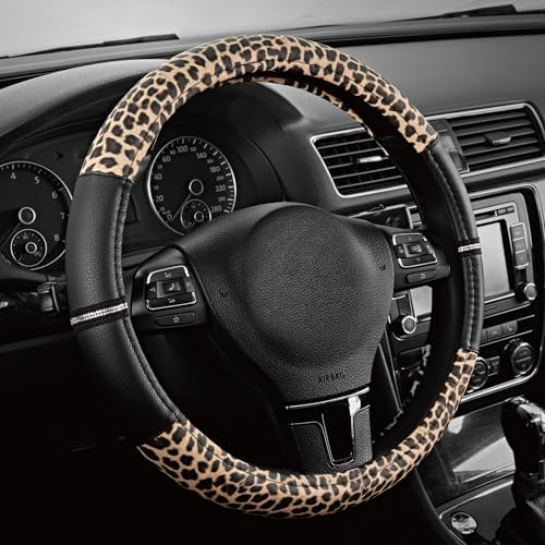 Road Comforts Leopard Steering Wheel Cover  Made with PVC Leather Cheetah Print  AntiSlip Universal Fit 14 12 inches to 15 inches  Black