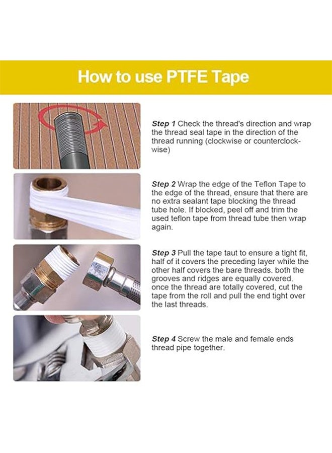 واي جيه ٤ قطع شريط تفلون، شريط مانع لتسرب الخيوط، شريط مانع للتسرب PTFE للأنابيب، شريط مانع لتسرب خيوط الأنابيب المتسربة، شريط مانع لتسرب أنابيب المياه مع وصلات الأنابيب الملولبة، ١٨ مم × ٠٫٢ مم × ٢٥ م (أبيض) - Image 4