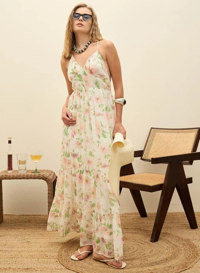 SASSAFRAS Sassafras White All-Over Floral Print Back Cut Out Detail A-Line Maxi Dress