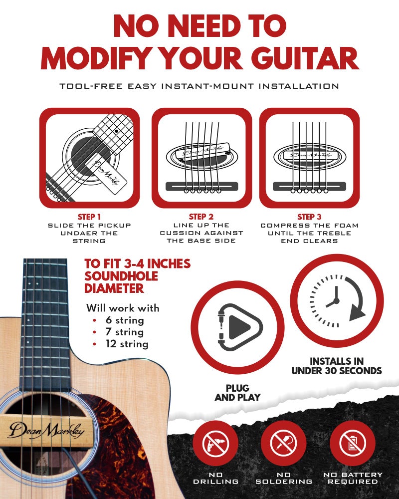 Dean Markley Pro Mag Plus Acoustic Guitar Single Coil Pickup, Smooth Maple Wood Design Active Soundhole Pickup Ebony Finish, Perfect String Balance and 15 Ft Low Noise for Steel-String Guitars - Image 5