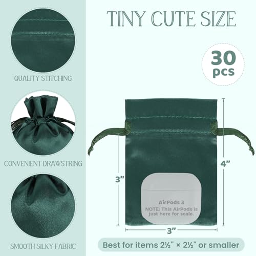 Tapleap Green Small Satin Gift Bags, 30Pcs 3x4 with Drawstring, For Kids Classroom, Wedding, Birthday, Party Favors, Jewelry, Bracelets, Earrings, Crystal, for Small Business - Image 2