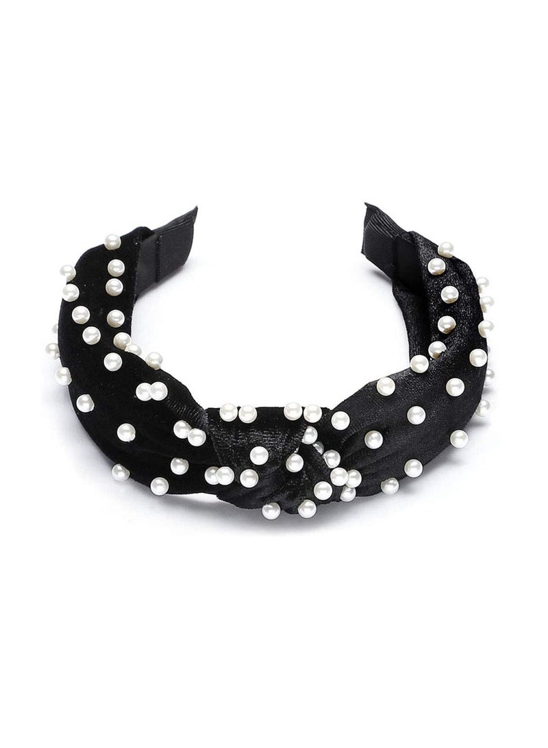 Excefore 2 قطعة عصابة رأس للنساء، عصابة رأس عريضة معقودة بفيونكة، عصابة شعر يوغا عصرية مرنة إكسسوارات شعر للنساء والفتيات - مريحة ولا تسبب الأذى (لؤلؤي أسود، لؤلؤي بيج) - Image 3