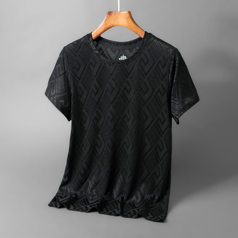 Short-sleeved Ice Silk T-shirt Men's Summer High-end Men's Fashion Brand European T-shirt Men's Jacquard Half-sleeved Top All-match Men's - Image 3