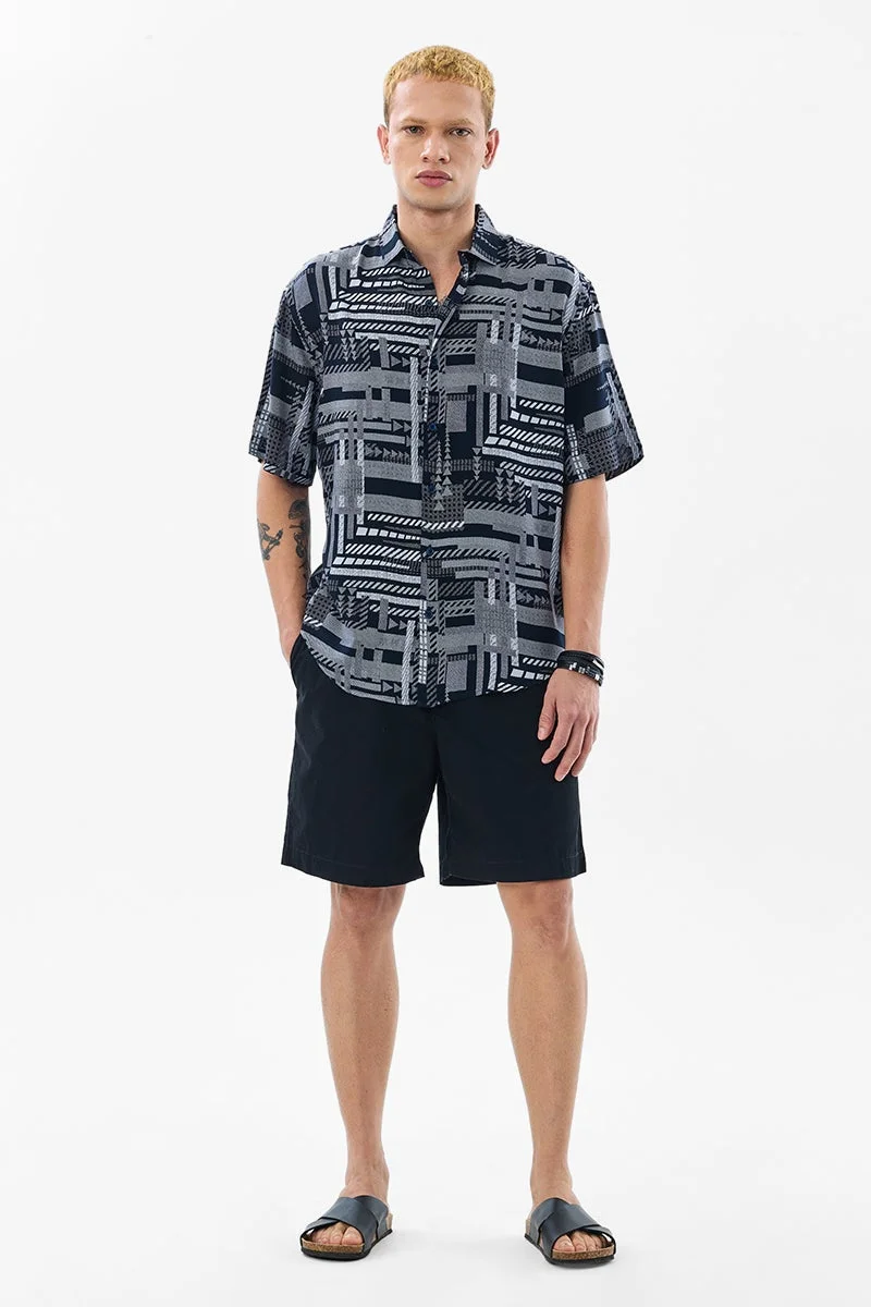 سنيتش Navy Blue Geometric Half Sleeve Boxy Shirt