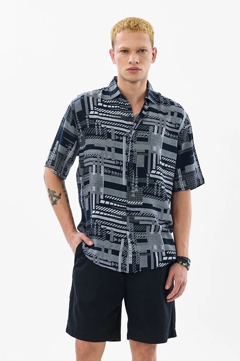 سنيتش Navy Blue Geometric Half Sleeve Boxy Shirt