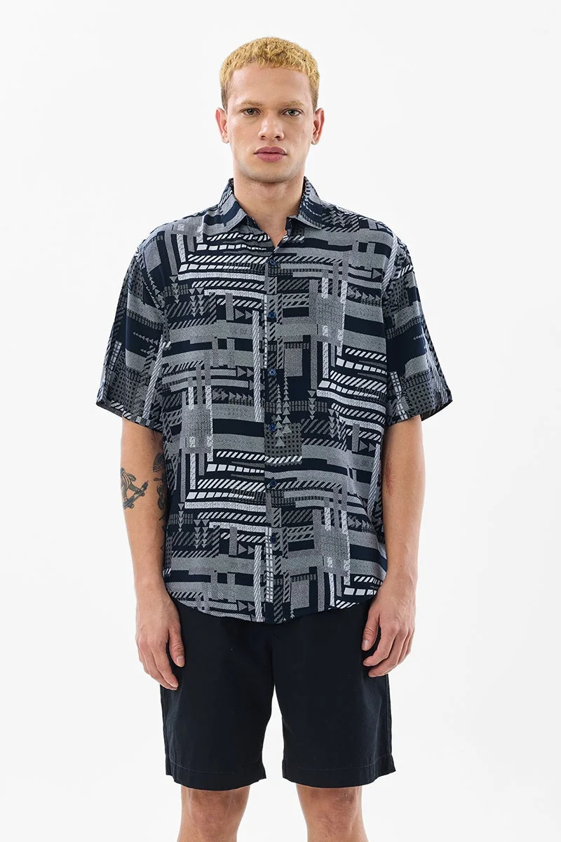 سنيتش Navy Blue Geometric Half Sleeve Boxy Shirt