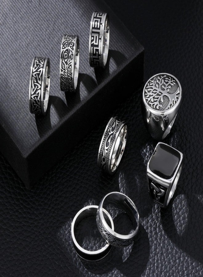 EIELO 8Pcs Stainless Steel Vintage Rings for Men Greek Signet Thumb Silver Retro Carving Celtic Band Rings Vintage Biker Band Rings Set Edge Mens Rings Jewelry 8 - Image 2