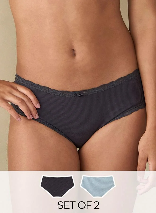 Splash FAV Set of 2- Ribbed Lace Detail Bikini Briefs with Elasticated Waistband