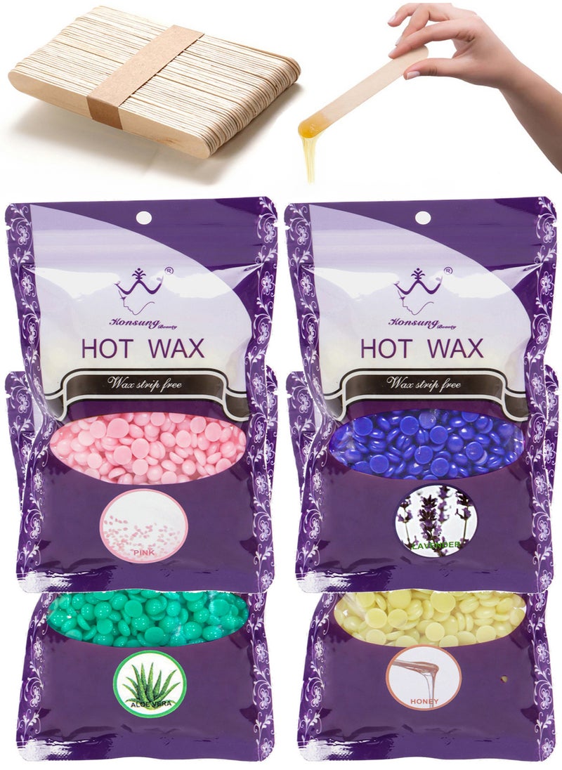 Konsung Beauty - 400g Hair Removal Hot Wax Beans 4 Pack of 100g Each with 50 Wooden Waxing Sticks For Easy Hair Removal - Image 1