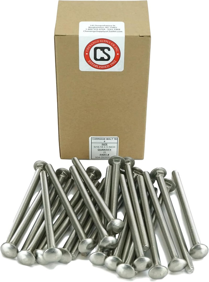 Chenango Supply Stainless 5/16-18 x 5" Carriage Bolt (1" to 5" Lengths Available in Listing), 18-8 Stainless Steel,25 Pieces (5/16-18x5) - Image 2