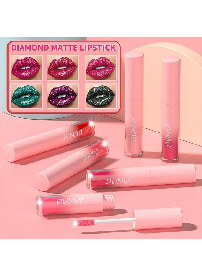 Dulele 12 Pcs Diamond Glitter Liquid Lipstick Set, Long Lasting & Non-Stick Cup Metallic Shimmer Matte Full Colour Tinted Lipstick Lip Gloss, Highly Pigmented Shinning Lipstick (Red, M) - Image 4